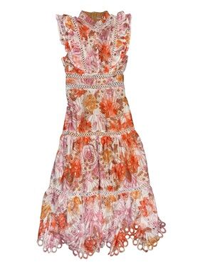 Sleeveless Maxi Dress with Orange & Pink Floral Lace Trim